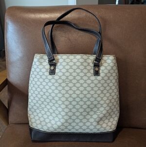 Celine White and Brown Triomphe Logo Macadam Monogram Shoulder Bag
